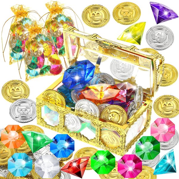 CHENGU 39 Pcs Diving Gems and Coins Pool Toys Set Include Sinking Treasure Chest Diving Toys, Dive Gem, Gold Silver Diving Coin and Mesh Bag, Summer Swimming Pool Pirate Dive Game Party Toy