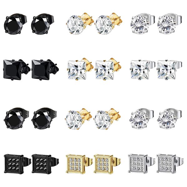 NEWITIN 12 Pairs Stainless Steel Stud Earrings for Men Hypoallergenic Earrings Inlaid Cubic Zirconia Men Earrings Hoop Earrings Stud Earrings for Women Men