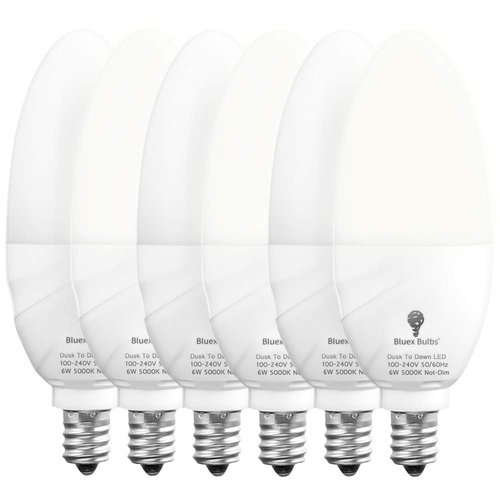 6 Pack BlueX Dusk to Dawn LED Bulbs, 6W E12 Base Light Bulb - 65W Equivalent – 5000K Daylight White - Smart Light Sensor Candelabra Bulb, Home Security Indoor, Outdoor, Driveway, Yard, Porch Lighting
