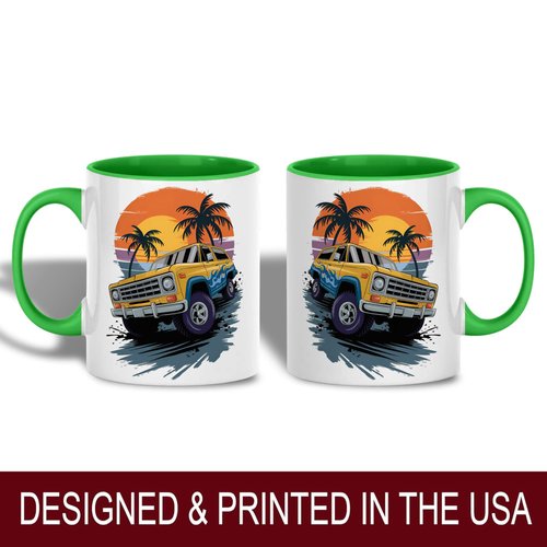 Yellow Off-Road Truck Design Ceramic Mug, 11oz Coffee Cup for Car Enthusiasts, Sunset Beach and Palm Tree Theme, Unique Summer Adventure Gift, Reusable Eco-Friendly Mug for Hot Beverages, Tea, Milk