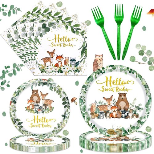 Woodland Baby Shower Party Supplies, Woodland Animal Baby Shower Decorations Include Plates, Napkins, Forks, for Animal Theme Woodland Creatures Party Decorations, Serve 24