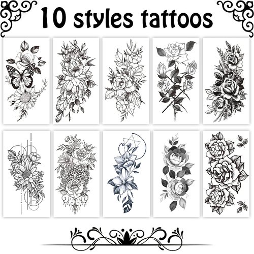 Cerlaza Temporary Tattoos for Women Adults, Fake Flower Tatuajes Temporales Semi Permanent Half Arm Sleeve Tattoos, Long Lasting Realistic Flower Leg makeup Waterproof Tattoos Stickers
