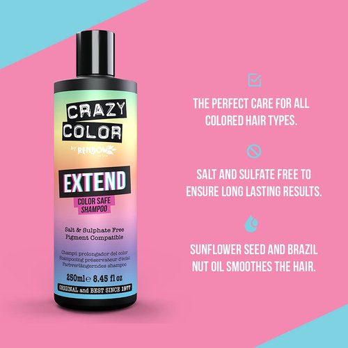 Crazy Color Extend Color Safe Shampoo, 250mL - Sulfate-Free Color Protecting Shampoo for Color Treated Hair with Sunflower Seed, Raspberry Seed, and Other Essential Oils for Enhanced Color Vibrancy