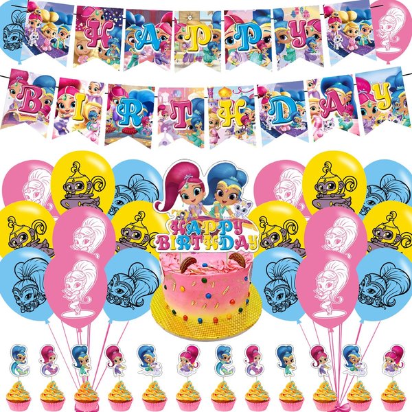 ELZEM Shimmer and Shine Party Decorations,Girl Birthday Party Supplies Includes Banner- Cake Topper - 12 Cupcake Toppers - 18 Balloons, Blue