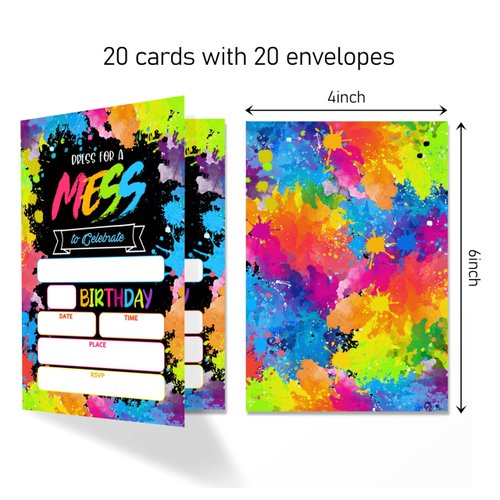 ANYEMW 4x6 Paint Birthday Invitations, Art Party Decorations, Glow Party Supplies, Art Birthday Party, Kids Birthday Invitations, 20 Cards with 20 Envelopes.(39)