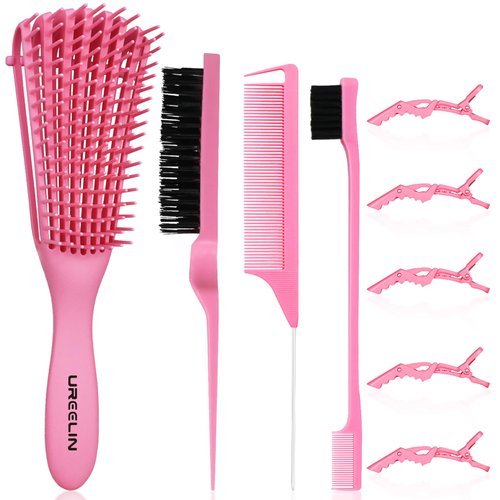 UREELIN Detangling Brush set,Detangler Hair Brush with Teasing & Edge Brush for Curly Hiar, Rat Tail Comb Alligator Hair Clips for 3a to 4c Kinky Wavy/Curly/Coily/Wet/Dry/Oil/Thick/Long Hair(Pink)