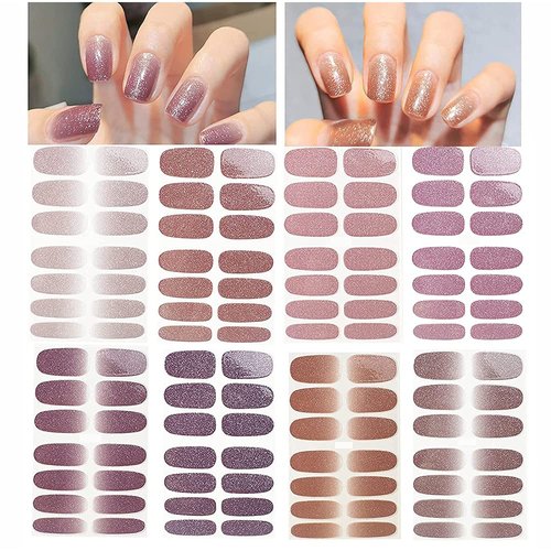 112 Pieces Thin Semi-Cured Gel Nail Strips Solid Full Wrap Nail Polish Strips Sticker Gradient Glitter Self Adhesive Glitter Decals DIY Manicure Design Decoration for Women Girls (8 Sheets)