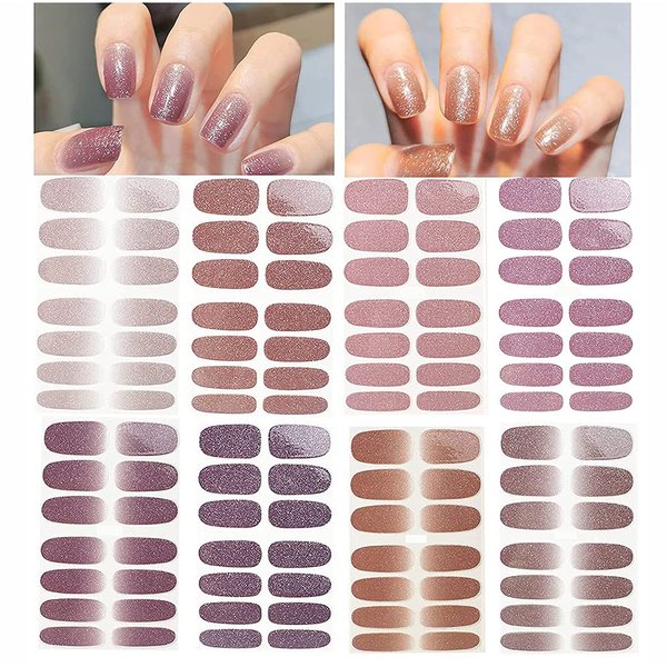 112 Pieces Thin Semi-Cured Gel Nail Strips Solid Full Wrap Nail Polish Strips Sticker Gradient Glitter Self Adhesive Glitter Decals DIY Manicure Design Decoration for Women Girls (8 Sheets)