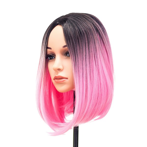 SWACC Ombre Colors Straight Short Hair Bob Wig Synthetic Colorful Cosplay Daily Party Flapper Wig for Women and Kids with Wig Cap (Pink)