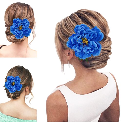 Peony Flower Hair Clip Hanfu Hairpin Bridesmaid Pin up Flower Brooch Party Wedding Decor (one size, blue)