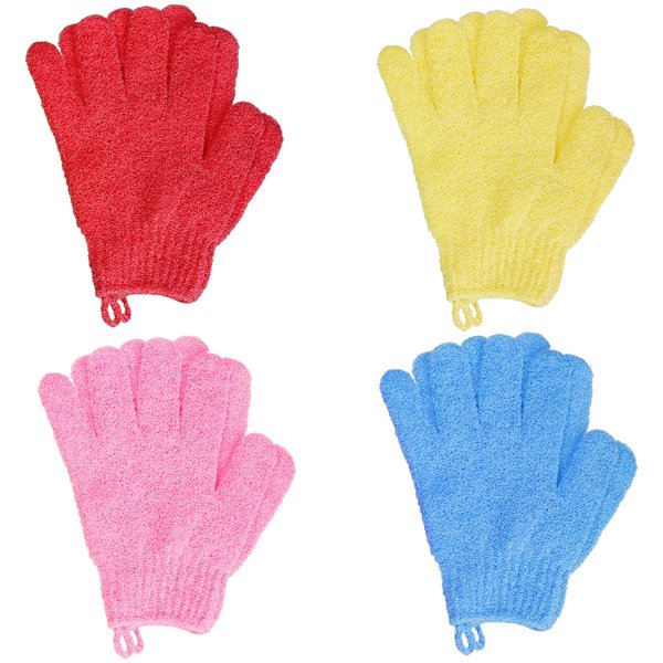 4 Pairs Bath Exfoliating Gloves Scrub, Double Sided Bath Mitts Scrubs for Shower, Exfoliating Shower Mitt Body Scrubber Glove, Bathing Accessories for Bath, Spa, Massage（Yellow, Red, Pink, Light Blue）