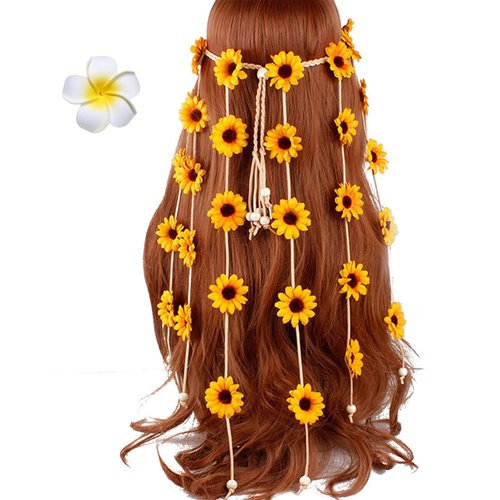 Flower Headband Hippie Sunflower Hairband Floral Crown Bohemian Hair Band Women Girls Boho Hair Hoop Headdress Headwear Headpiece Party Decoration Cosplay Costume Cute Handmade Hair Accessories Yellow
