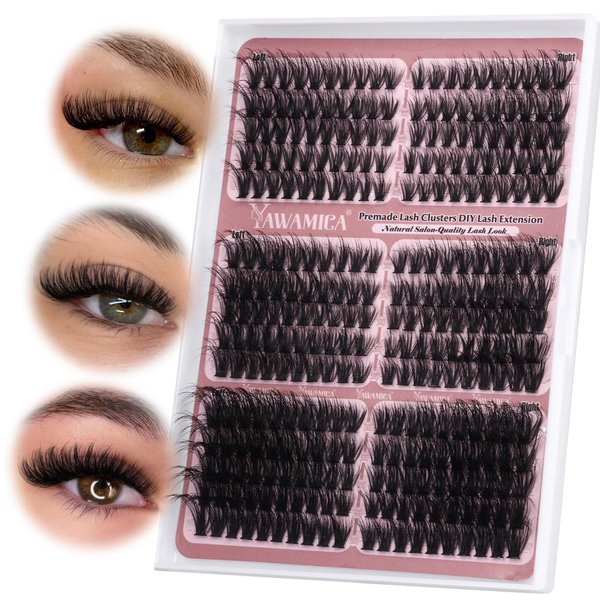 Yawamica Cat Eye Lash Clusters Fluffy Cluster Eyelash Extensions Wispy Individual Lashes Premade Eyelash Clusters Left Right Cluster Lashes 60D 80D 100D Volume 300pcs Eye Lashes Clusters DIY Lash