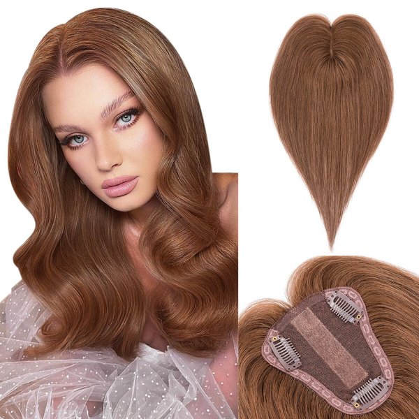 Benehair Hair Toppers for Women Real Human Hair 100% Remy Human Hair Pieces for Women with Thinning Hair 8 * 10cm Lace Silk Base 12 Inch 35g Clip in Hair Extensions Golden Brown
