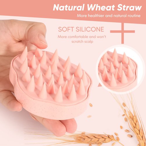 URTHEONE Scalp Massager Shampoo Brush, Hair Scalp Scrubber Head Massager with Soft Silicone Bristles for Women Men Kids Pets Shower and Hair Growth(Pink) Includes 5 Pcs Hair Ties