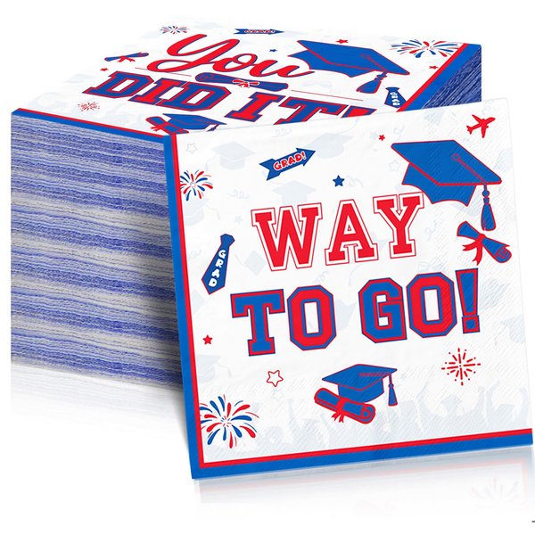 48Pcs Red Blue Graduation Napkins 2024 Disposable Graduation Cocktail Napkins Class of 2024 Grad Paper Napkins Graduation Party Supplies for Graduation Party Decorations