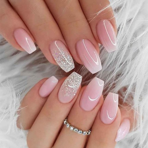Foccna French Tip Press on Nails Medium Gradient Fake Nails Coffin Bling Glossy Pink False Nail Tips Artificial Finger Manicure for Women and Girls -24pcs