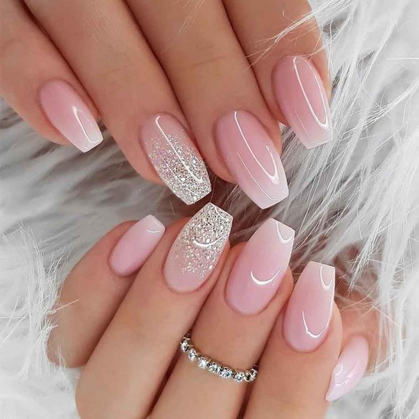Foccna French Tip Press on Nails Medium Gradient Fake Nails Coffin Bling Glossy Pink False Nail Tips Artificial Finger Manicure for Women and Girls -24pcs