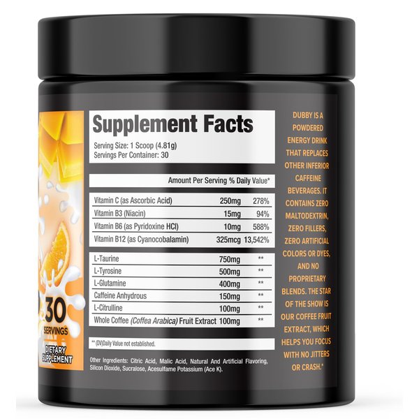 Dubby - Gamer Energy Drink Powder for Gaming - Sugar Free Energy Drinks, Nootropics Jitter-Free Natural Energy Powder, Mango Orange Cream Flavor, 30 Serving, 5.61 Ounces (Cali Cream)