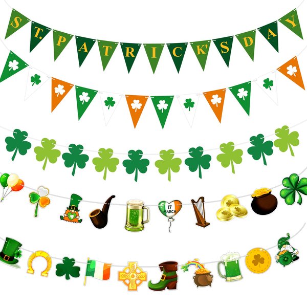 5 Pack St Patrick's Day Banner Decorations Shamrock Clover Banner Irish Day Party Decorations Garland for St Patrick's Day Decor for St Patrick's Day Party Decorations (Shamrock)