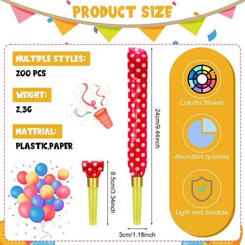 Hanaive 200 Pcs Party Blower Noisemakers Party Blowers for Kids Colorful Birthday Blowouts Horns Whistles Party Favors for New Years Sporting Events Party Supplies, Multiple Color