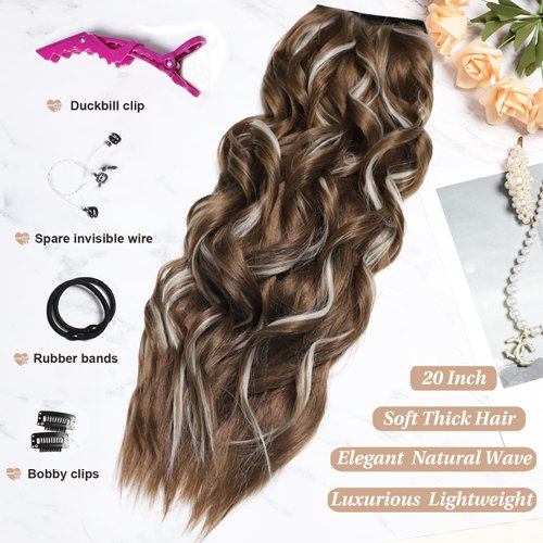 SilkStrands Halo Hair Extensions 20 Inch Invisible Wire Hair Extensions with 4 Secure Clips Adjustable Long Wavy Hair Extensions for Women Secret Hair Piece for Women (Ash Brown with Platinum Blonde)