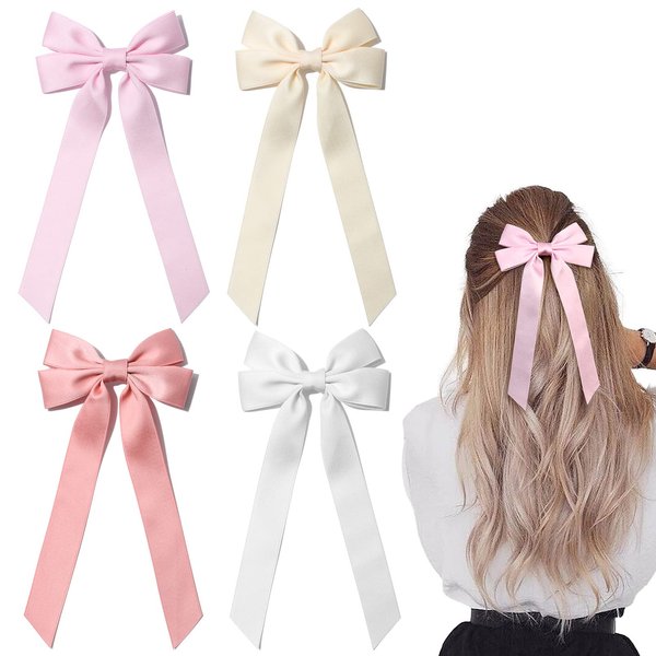 4PCS Silky Satin Hair Bows Hair Clip Pink White Hair Ribbon Clips for Women Ponytail Holder Hair Accessories Alligator Clips Bow for Women Girls Toddlers Teens Kids
