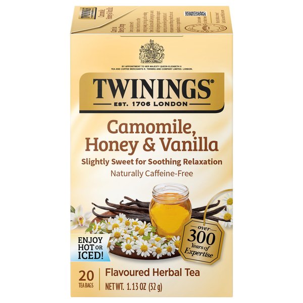 Twinings Pure Camomile & Honey Herbal Tea individually Wrapped Bags, 20 Count (Pack of 6), Naturally Caffeine Free, Enjoy Hot or Iced