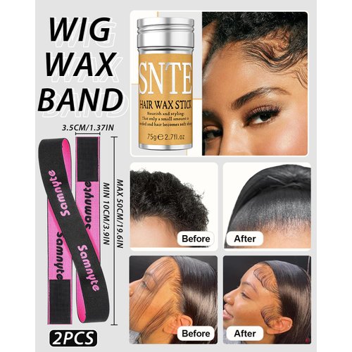Wax Stick for Wigs, Lace Front Wigs & Flyaways, with Wig Bands & Elastic Bands for Keeping Wigs in Place No Slip