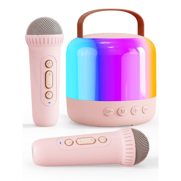 Mini Karaoke Machine for Kids Portable Bluetooth 5.3 Speaker with 2 Wireless Kareokee Microphones, 360° Colorful LED Light Karaoke Toy Gifts for Girls Boys Ages 4-12 Birthday