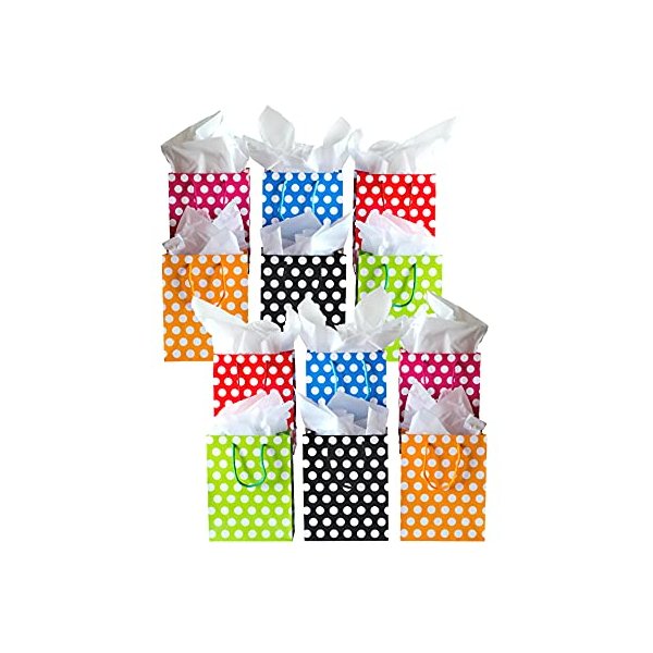 Daily Living Products Colorful Birthday Gift Bag with Polka Dots 12 Pack - Medium Gift Bags Small, Birthday Gift Bags Bulk Medium Size, Small Gift Bags - Great for Any Occasion
