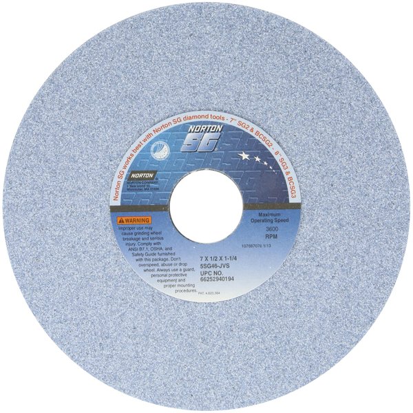 Norton 5SG Vitrified Toolroom Abrasive Wheel, Type 1 Straight, Ceramic Aluminum Oxide, 1-1/4" Arbor, 7" Diameter, 1/2" Thickness, 46-J Grit (Pack of 1)