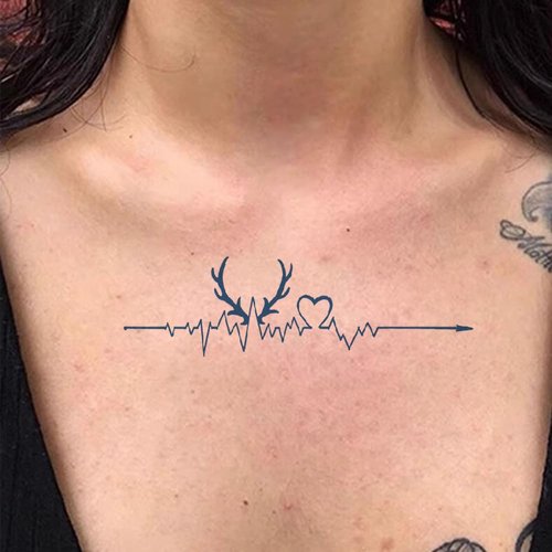 Oottati 2 Sheets Tiny Fake Semi Permanent Waterproof Temporary Tattoos Stickers 100% Plant-Based Ink Realistic Heartbeat Antler