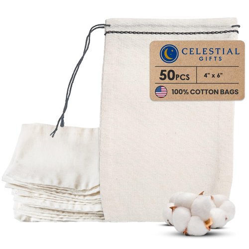Celestial Gifts Muslin Bags - 100% Cotton Drawstring Bags Medium 50pcs, 4x6", Reusable Tea Bags, Jewelry Gift, Spice and Pouch Gift Sachet Bags - Made in USA - (Black Hem and Drawstring)