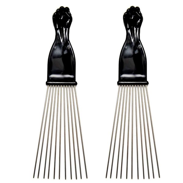 Luxxii (2 Pack) 9" Black Fist Metal Afro Pick Lift Hair Comb Detangle Wig Braid Hair Man Styling Comb