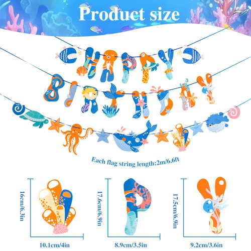 3PCS Under the Sea Happy Birthday Banner Sea Animals Birthday Party Decorations Sea Animal Banner Marine Life Birthday Decorations for Kids Under The Sea Birthday Party Baby Shower Supplies