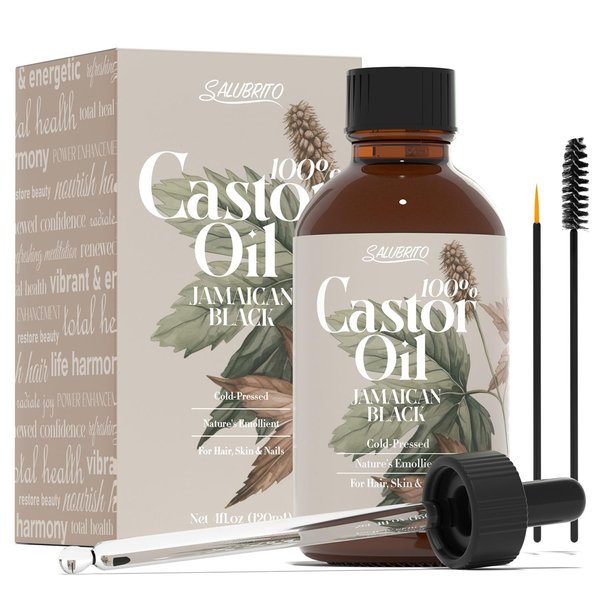Salubrito 4fl.oz Organic Castor Oil for Eyelashes, Eyebrows, Hair, Skin, 100% Pure & Unrefined, Cold Pressed, Natural Body Oil, Hair Oil, with Lash Brush & Brow Brush Set