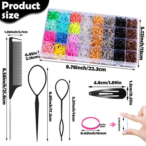 auroray Elastic Hair Rubber Bands 17 Colors, 2000 Pcs Baby Elastic Hair Ties with 13 Hair Styling Tools Organizer Box Kids Hair Accessories for Girls Women Toddler