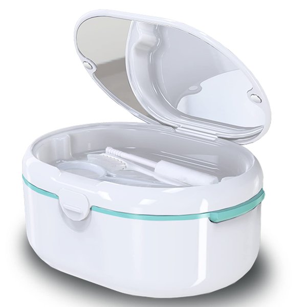 Denture Case, Double Denture Slot Cup Case Wet & Dry Portable Denture Case Portable False Teeth Container, Denture Cup with Lid for Cleaning Household Office Travel (White)