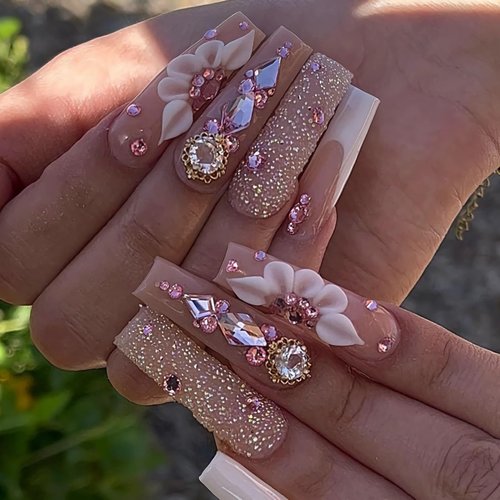 BABALAL Coffin Press on Nails Long Fake Nails White French Glue on Nails Glitter Rhinestone Flower Design Ballerina False Nails 24Pcs Shiny Acrylic Nails for Women and Girls