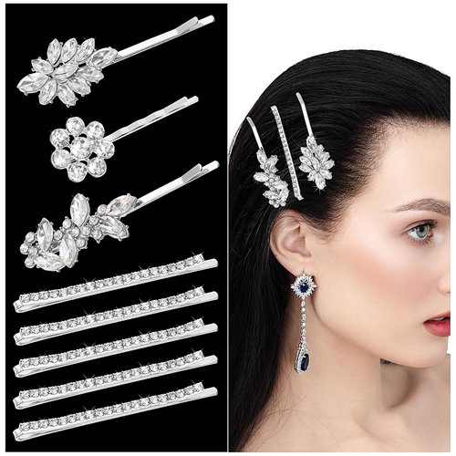 8Pcs Rhinestone Bobby Pins Diamond Hair Clips Decorative Hair Pins Wedding Hair Clip Rhinestone Jewelry Barrette Crystal Barrette Elegant Hairpin Bride Silver Hairpin Barrette for Brides Women Girls