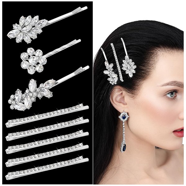 8Pcs Rhinestone Bobby Pins Diamond Hair Clips Decorative Hair Pins Wedding Hair Clip Rhinestone Jewelry Barrette Crystal Barrette Elegant Hairpin Bride Silver Hairpin Barrette for Brides Women Girls