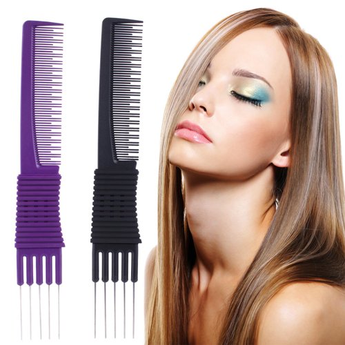 AxiyanX 2PCS Metal Comb,Hair Teasing Comb With Metal Prong,Comb With Metal Pick,Hair Picks for Women,Teasing Combs for Women,Teasing Comb for Fine Hair(black and Purple)