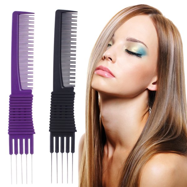 AxiyanX 2PCS Metal Comb,Hair Teasing Comb With Metal Prong,Comb With Metal Pick,Hair Picks for Women,Teasing Combs for Women,Teasing Comb for Fine Hair(black and Purple)