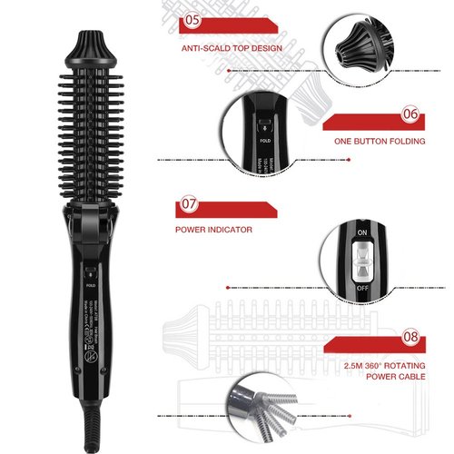 Curling Iron Foldable, Ceramic Tourmaline Anion Hair Brush Curling Iron Hair Styling Tools with Anti scald Handle for All Hair Types (US Plug 110‑240V)