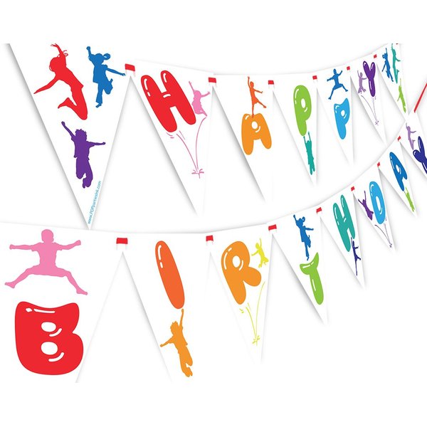 POP parties Bounce Jump Happy Birthday Banner Pennant - Rainbow Party Banner - Trampoline Party Decoration