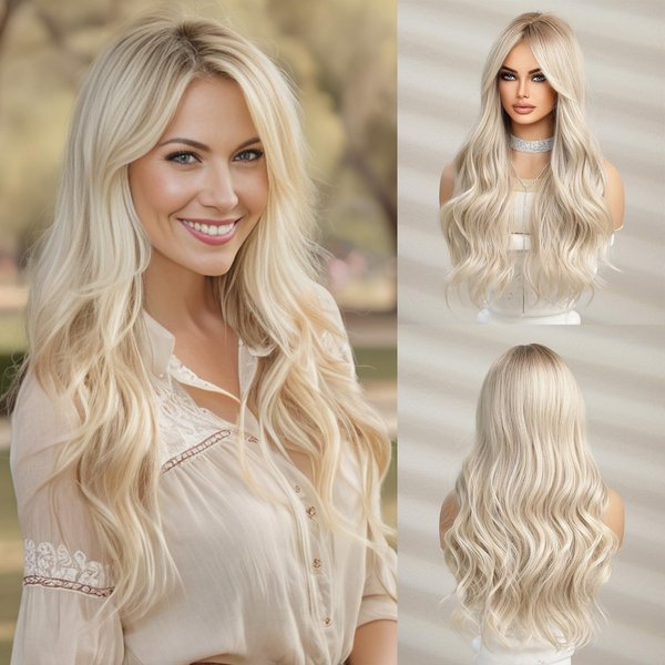 Doremiy Long Ombre Ash White Blonde Wavy Wigs for Women Natural Synthetic Curly Wig Heat Resistant Fiber Wigs for Daily Cosplay