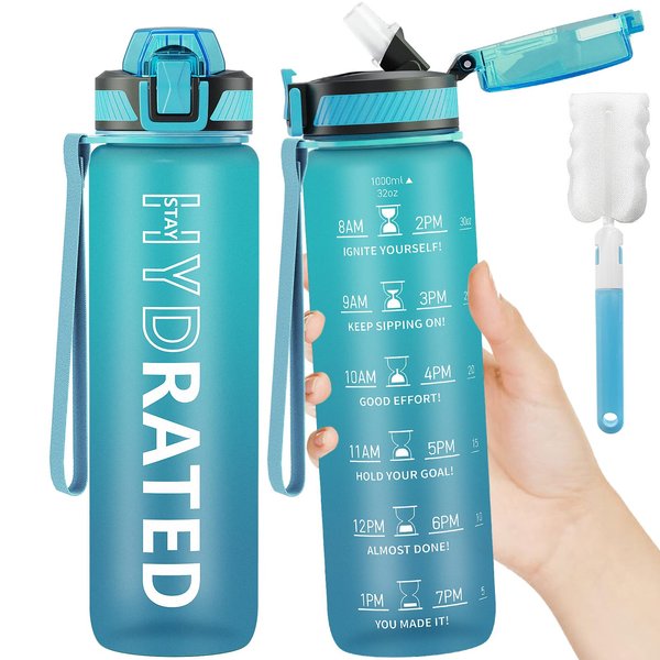 QLUR Water Bottle with Straw, 32 oz Motivational Water Bottles with Time Marker to Drink, Tritan BPA Free, 1L Sports Water Bottle with Carry Strap LeakProof for Men Gym Fitness Outdoor (1 Pack)