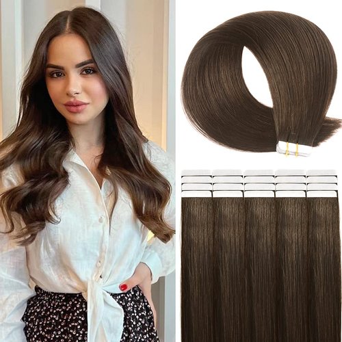 Tape in Hair Extensions Human Hair, 20pcs 18 Inch 50g Remy Tape in Hair Extensions, Chocolate Brown Silky Straight Natural Hair Extensions Tape in Human Hair