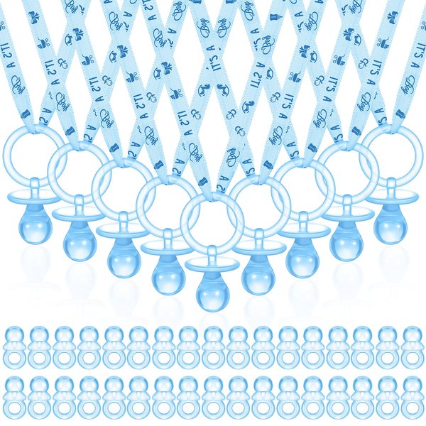 74 Pieces Baby Shower Pacifiers 24 Necklace Acrylic Baby Pacifiers Party Favors 50 Mini Plastic Pacifiers Charm Bulk for Baby Shower Party Decorations Games Table Scatter(Blue)